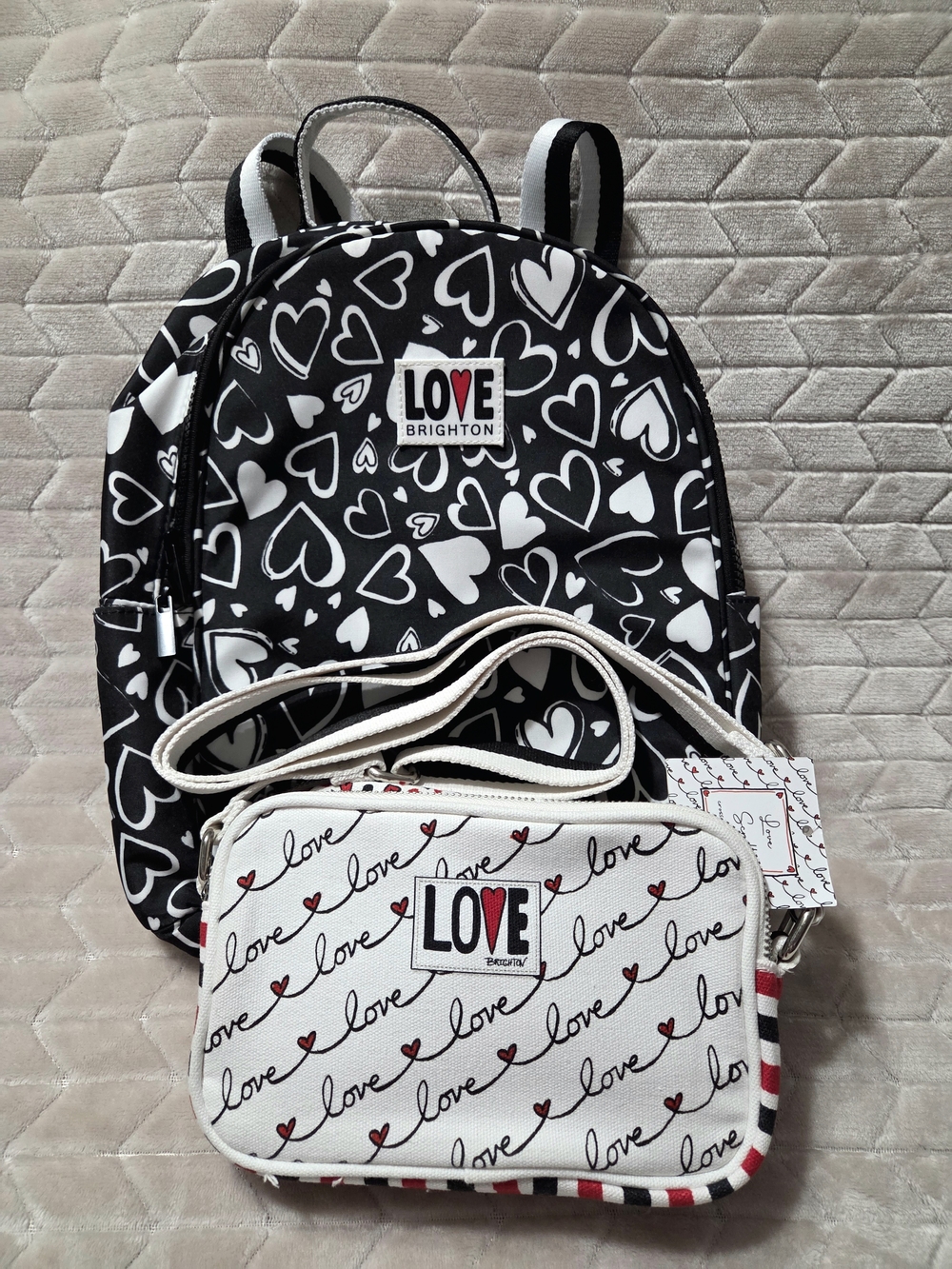Brighton Black & White Heart Backpack with Matching Crossbody